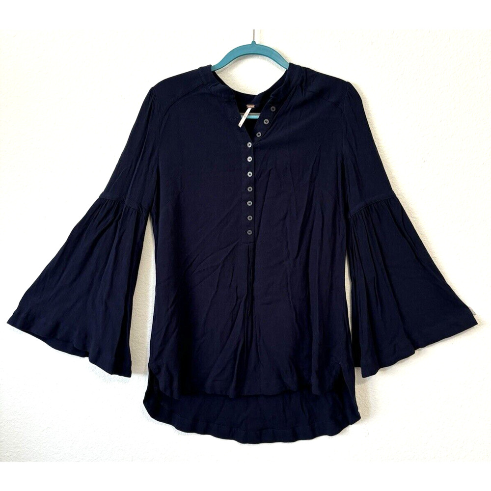 Free People Easy Girl Blouse Tunic - Medium, Dark Blue, Boho Bell Sleeve High-Lo